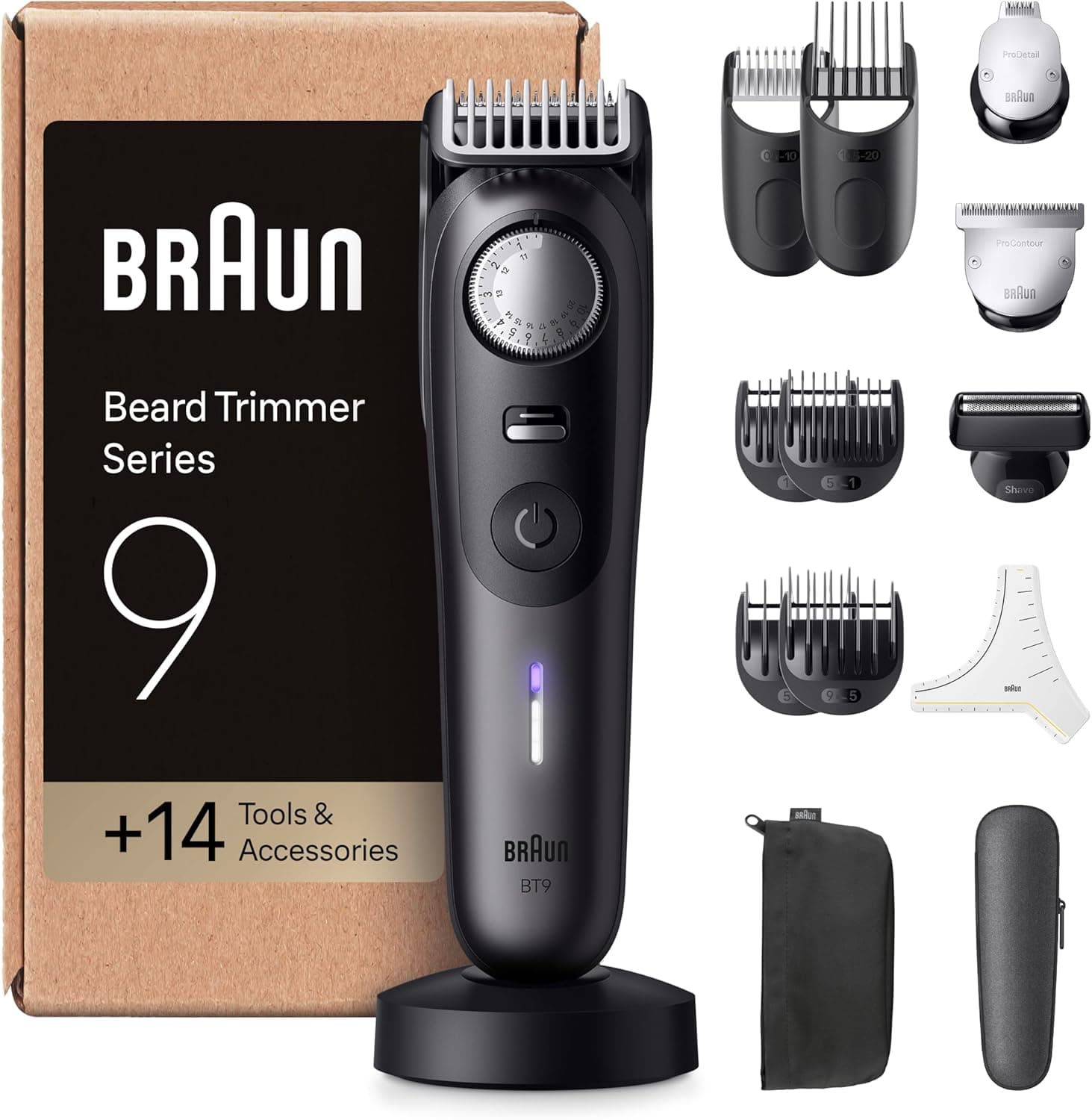 Braun Aparador de barba série 9 BT9565, barbeiro recarregável resistente à água, 14 acessórios para barba, 180 min de automonomia, 52 comprimentos, lâmina ultra afiada, titânio