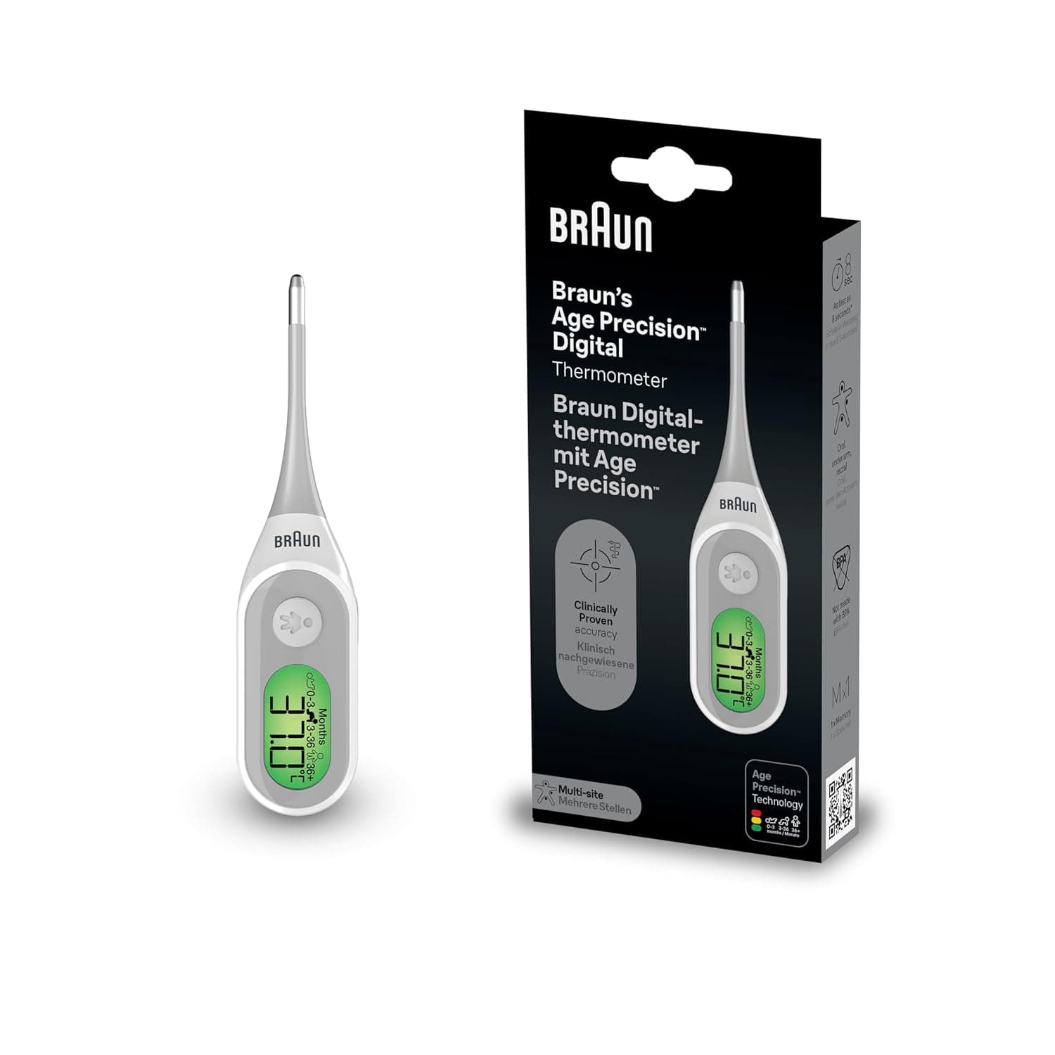 Braun Age Precision Termómetro digital, haste digital para uso em vários locais, via oral, retal ou axilar, adequado para bebés e crianças pequenas, a marca #1 entre os médicos(1), PRT2000