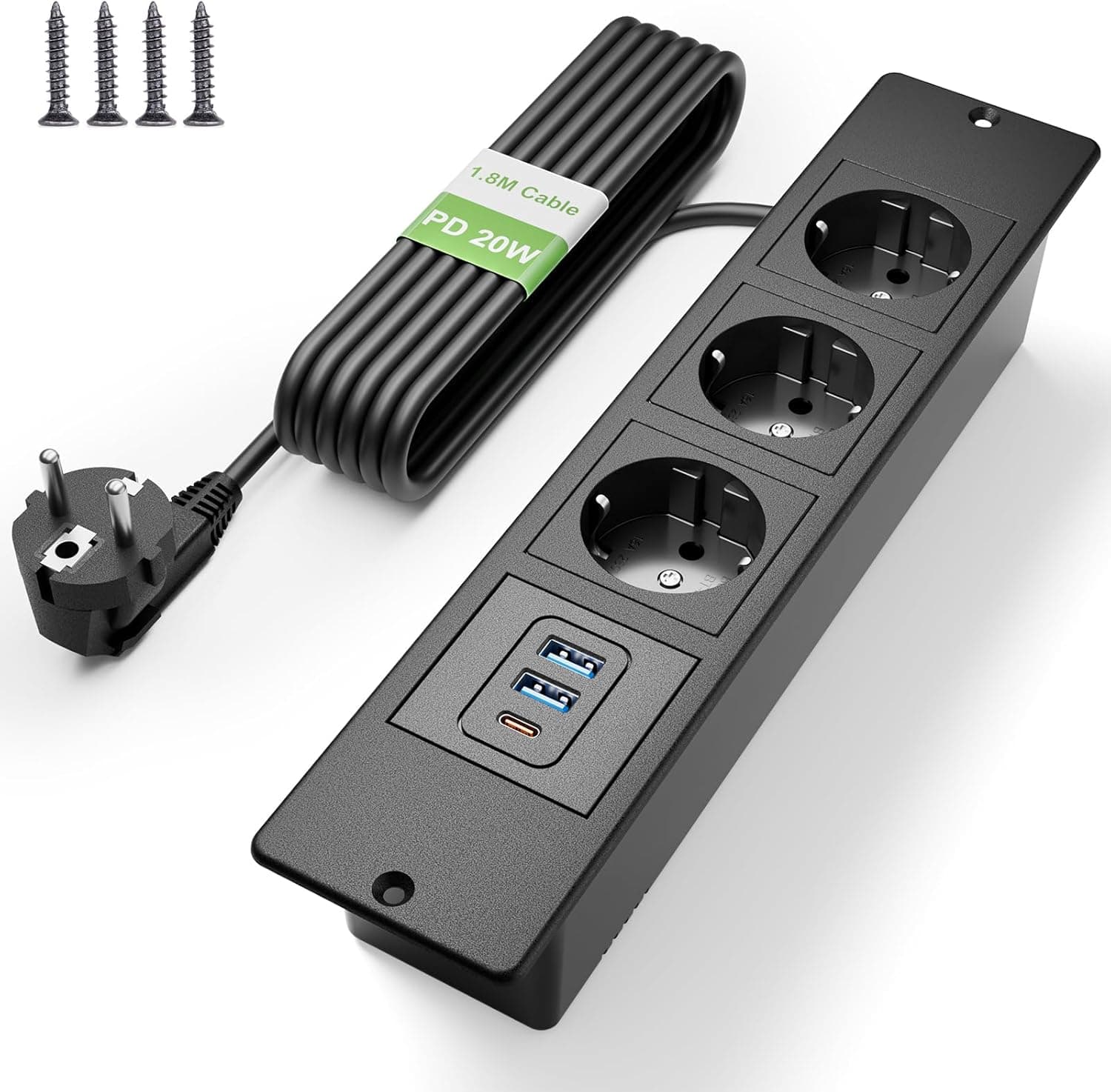 HANNELORE | Regleta de mesa com 3 tomadas e portas USB-C PD 20 W, cabo de 1,8 m, preta