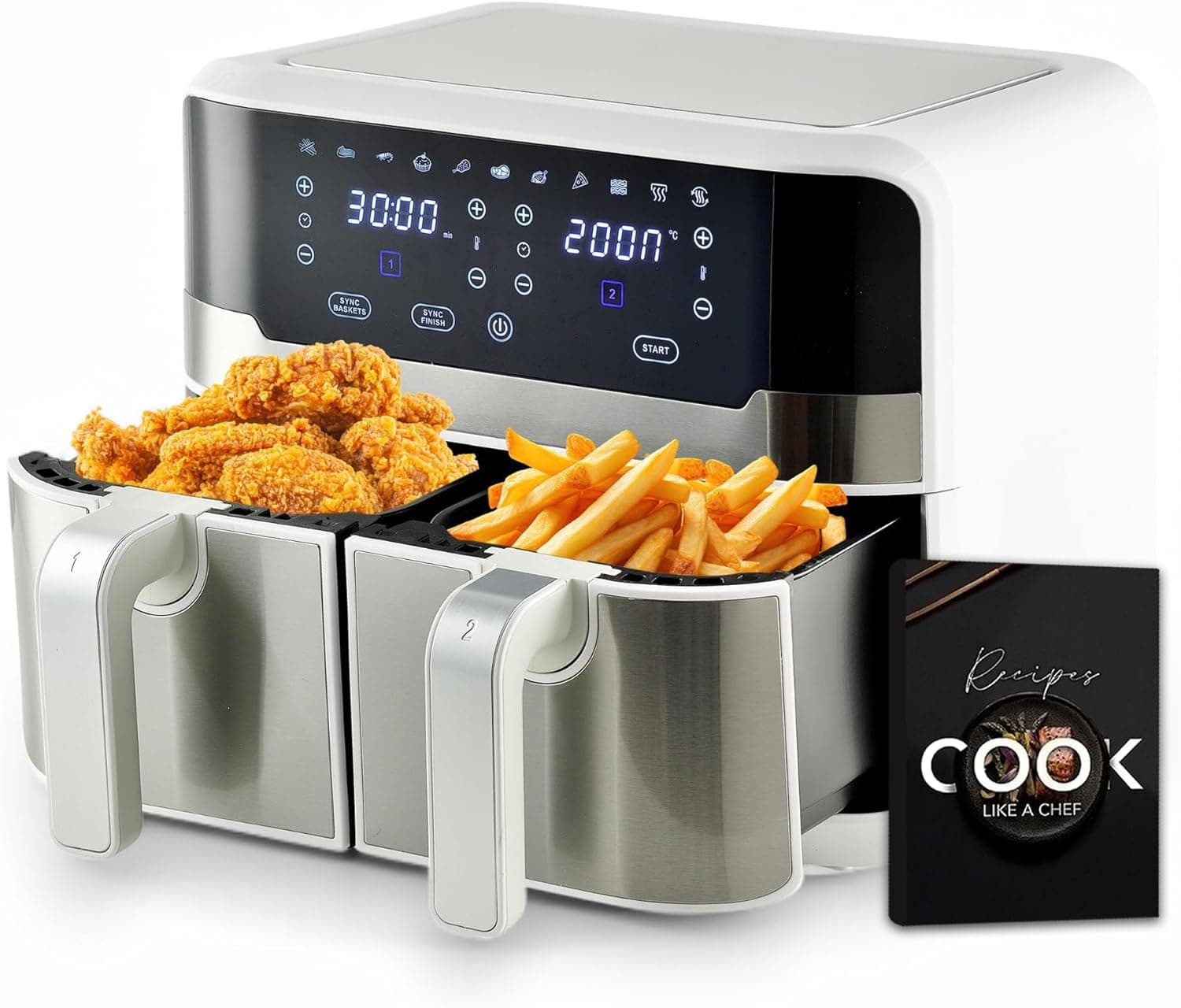 MasterPro Rocket Duo 900 Frigideira sem óleo duplo, cor branca, capacidade de 9 l e 2400 W, ecrã LED tátil e cesta anti-aderente, Fritadeira de ar, 11 funções diferentes em 1, clássico