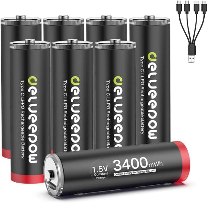 Delyeepow USB-C AA | Pilhas recarregáveis de lítio 1,5 V com cabo 2 em 1 e carregamento rápido, pack de 8 unidades
