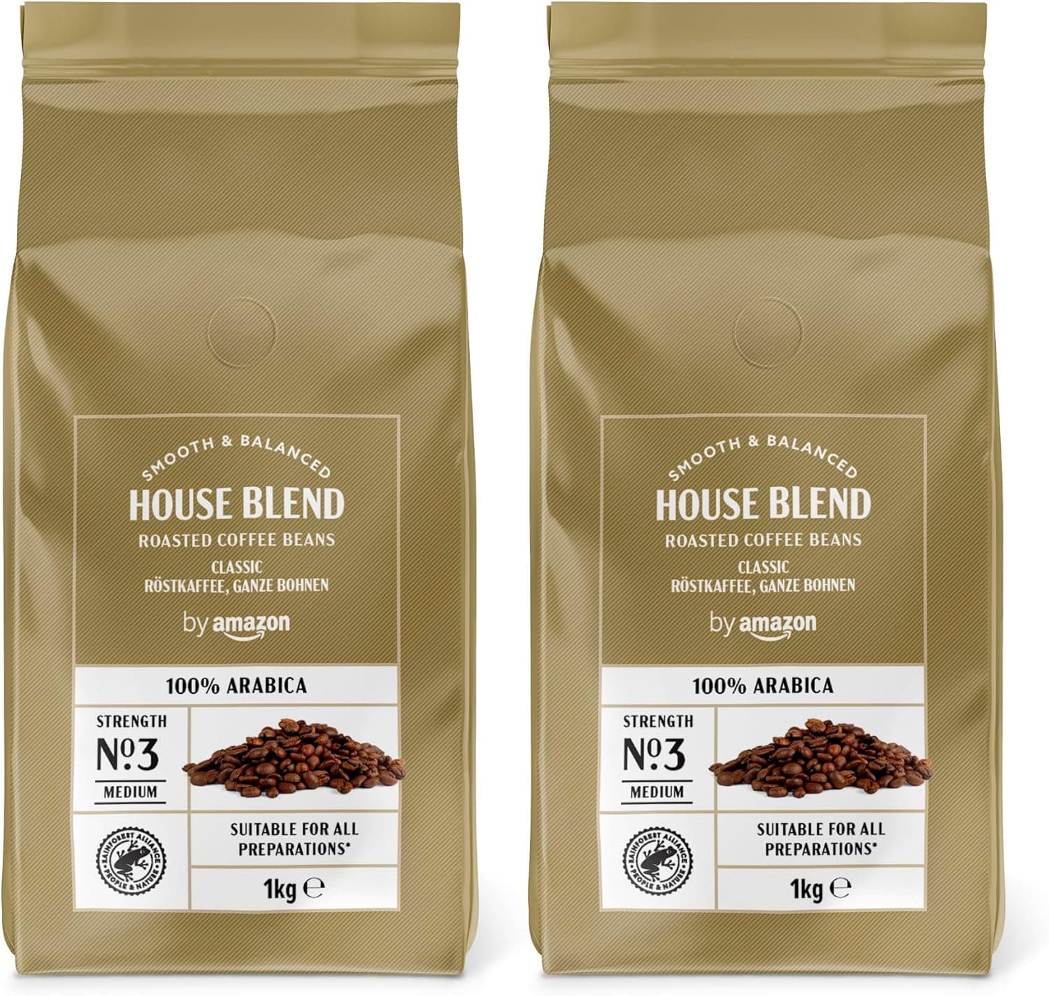 by Amazon Café em grão 100 % arábica, torra média, Rainforest Alliance, 1 kg x 2