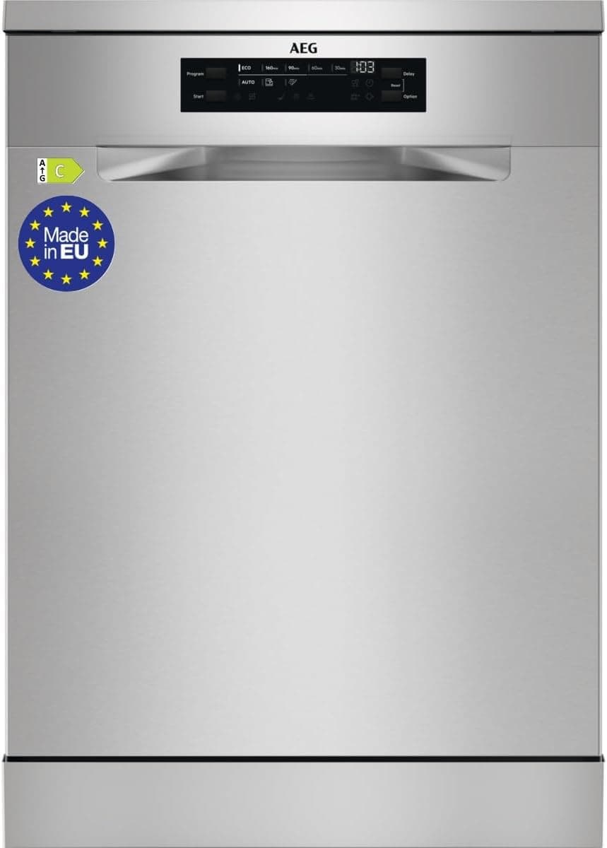AEG FFB74917ZM Lava-louças de 60 cm, 14 talheres, sistema AirDry, Display XL, com 3ª bandeja para talheres MaxiFlex, função extra-higiene, Softspikes, 44 dB(A), Inox, classe C, fabricado Na UE