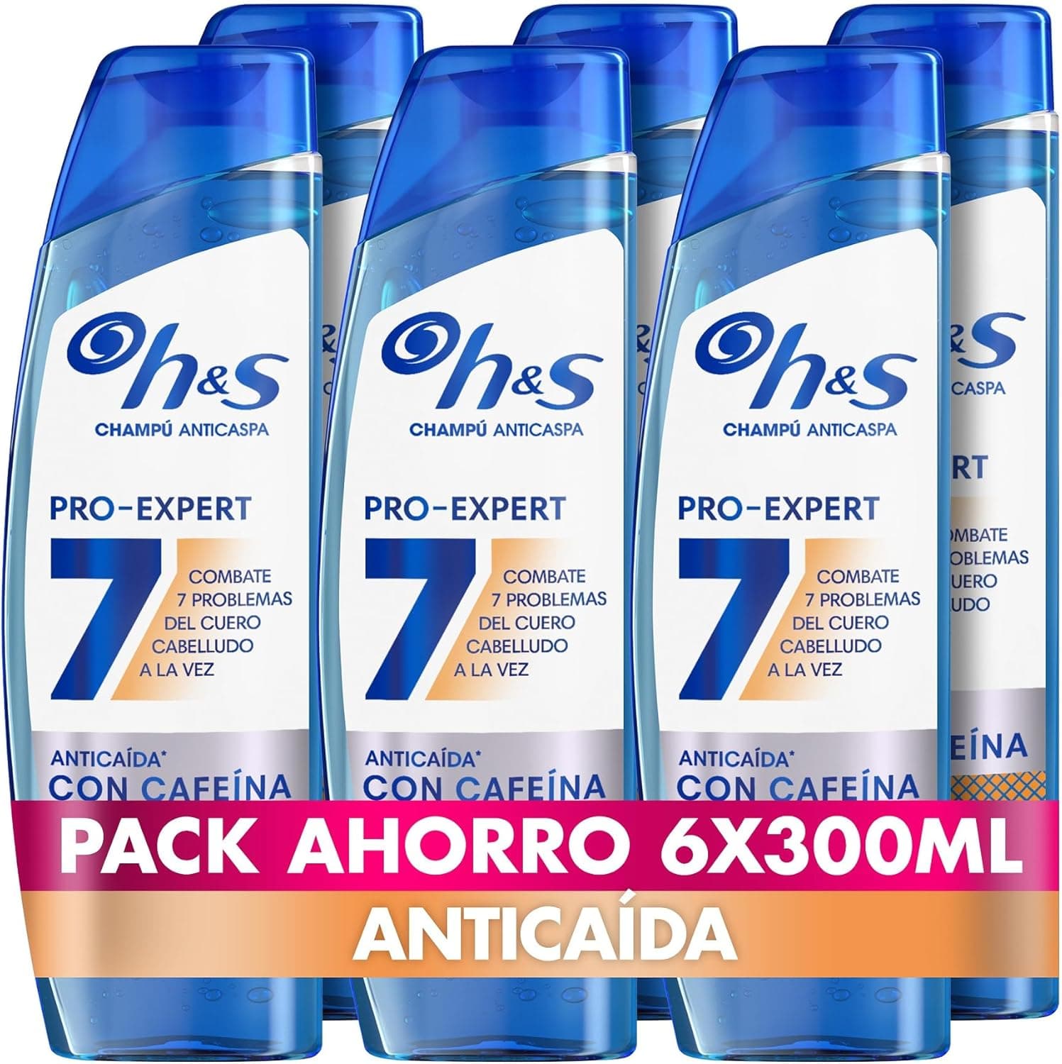 H&S Pro-Expert 7 | Champô anticaspa com cafeína, previne a queda de cabelo e protege o couro cabeludo, 6 x 300 ml