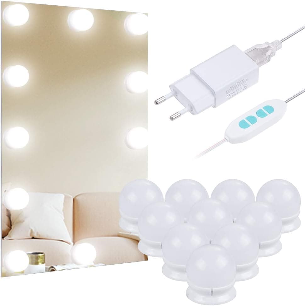 Anpro Conjunto de espelho com lâmpadas de luz LED reguláveis, 3 modos ajustáveis de cor e luz, espelho com luz para maquilhagem, toucador, casa de banho, de parede