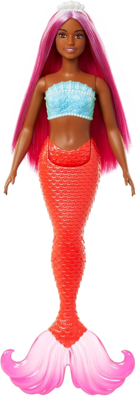 Barbie Boneca sereia com cabelo de fantasia magenta e bandana, corpo com curvas, corpete de conchas e cauda tropical vermelha - para meninos e meninas + 3 anos, HRR04