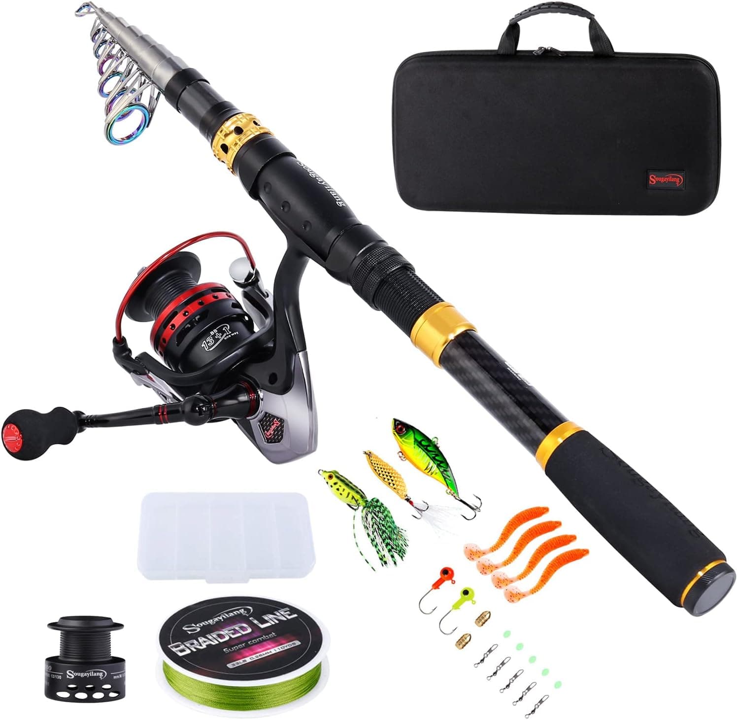 Sougayilang Conjunto de Cana de Pesca Telescópica Dobrável com Carreto, 2.1 metros