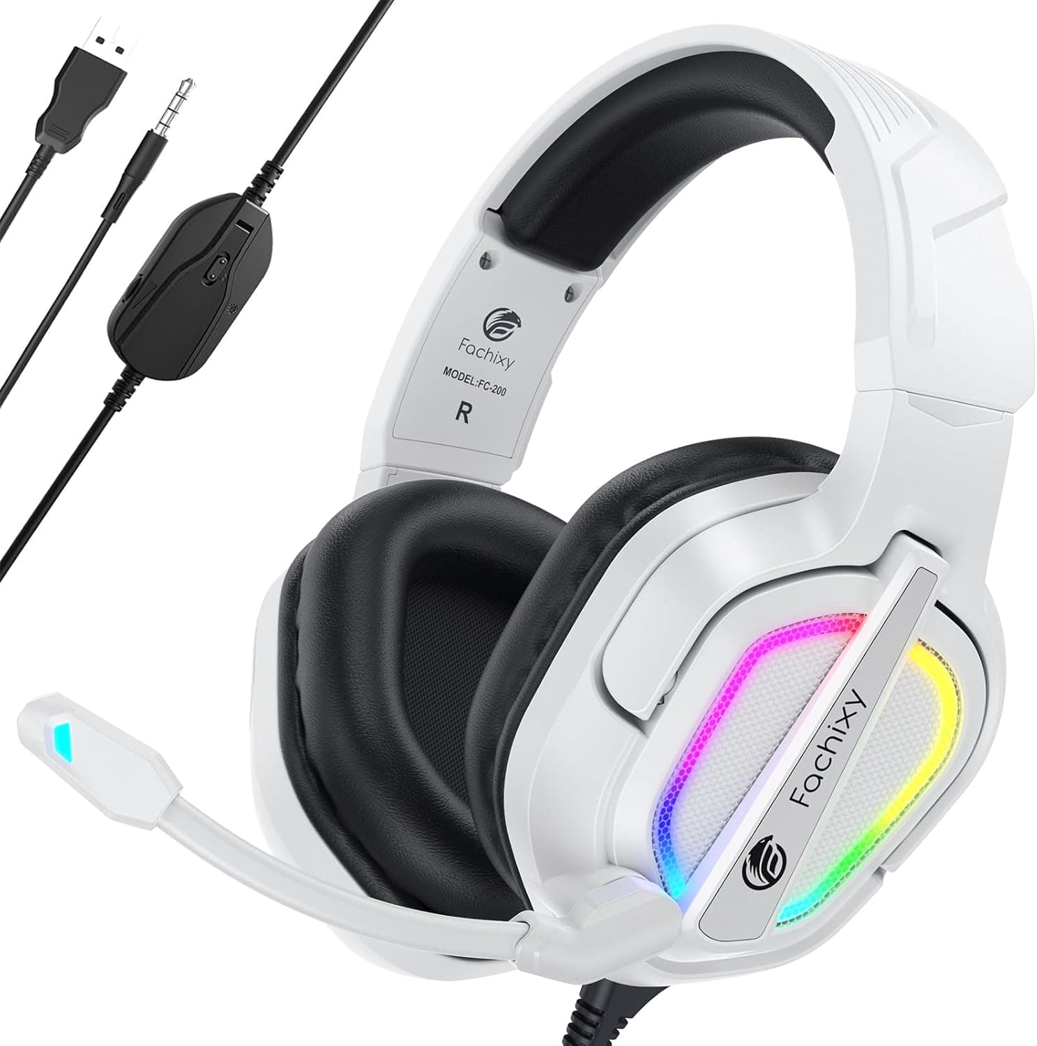 Fachixy FC200 Capacetes Gaming para PS5, PS4, PC, Xbox One, Switch, auriculares Gaming cancelamento de ruído, capacetes com microfone estéreo de som, capacetes para PS5 com 3,5 mm Jack com luz RGB