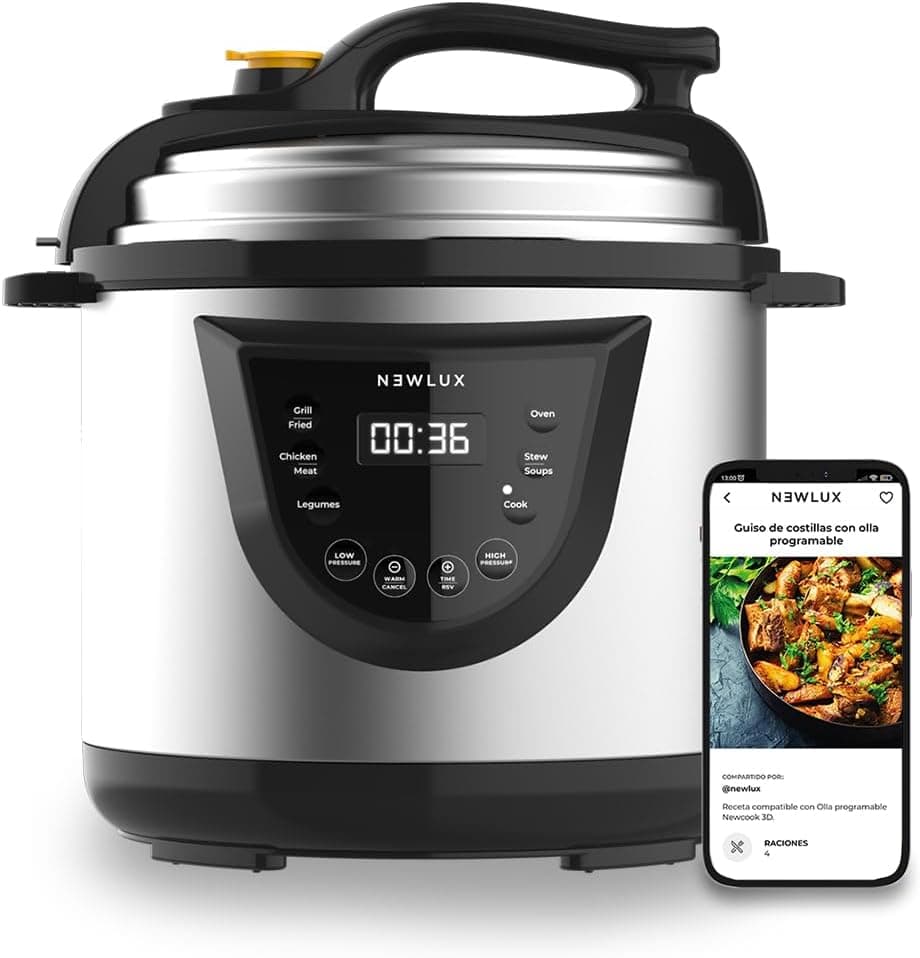 NEWLUX Panela de pressão programável 6L V110. Inox elétrica, 10 menus, 1000 W, 24 h, reserva o calor, efeito de pressurização, sistema de duopressão, balde 100% anti-aderente, aço inoxidável