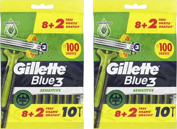 Gillette Blue3 Sensitive | Máquina de barbear descartável para homem 10 unidades x 2