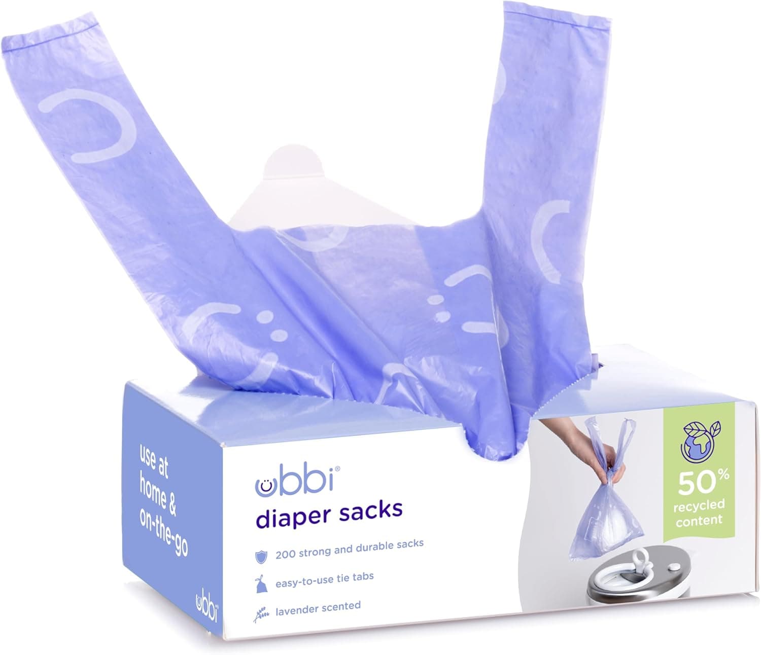 Ubbi Sacos descartáveis para fraldas, aroma de lavanda, pestanas fáceis de amarrar, sacos de lixo para fraldas de bebé ou sacos de lixo para animais de estimação, 200 unidades