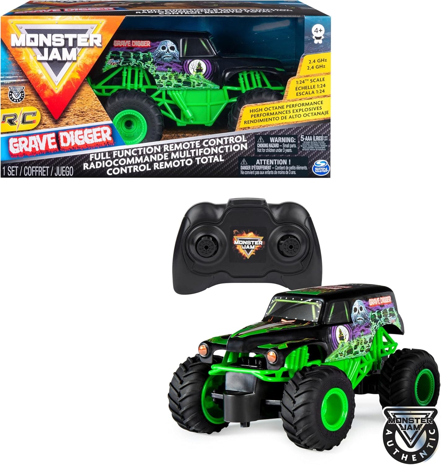 Monster Jam - Carro LED Grave Digger - carro RC Grave Digger em escala 1:24-2,4 GHZ até 76 m - 6044955 - brinquedos crianças 4 anos +