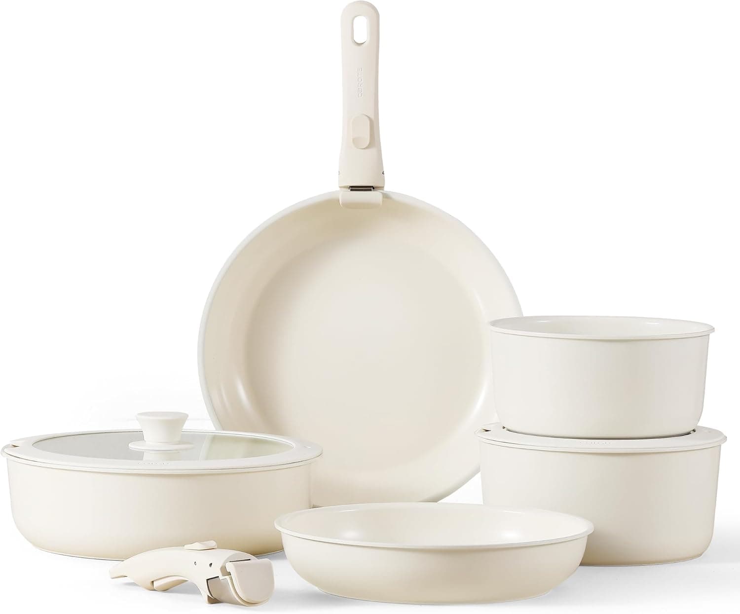 CAROTE Bateria de cozinha indução 9 peças, frigideiras de cerâmica anti-aderentes, cabo removível, frigideira para fritar 24/28 cm, caixas 18/20 cm, Wok 26 cm, para todos os tipos de cozinhas e forno