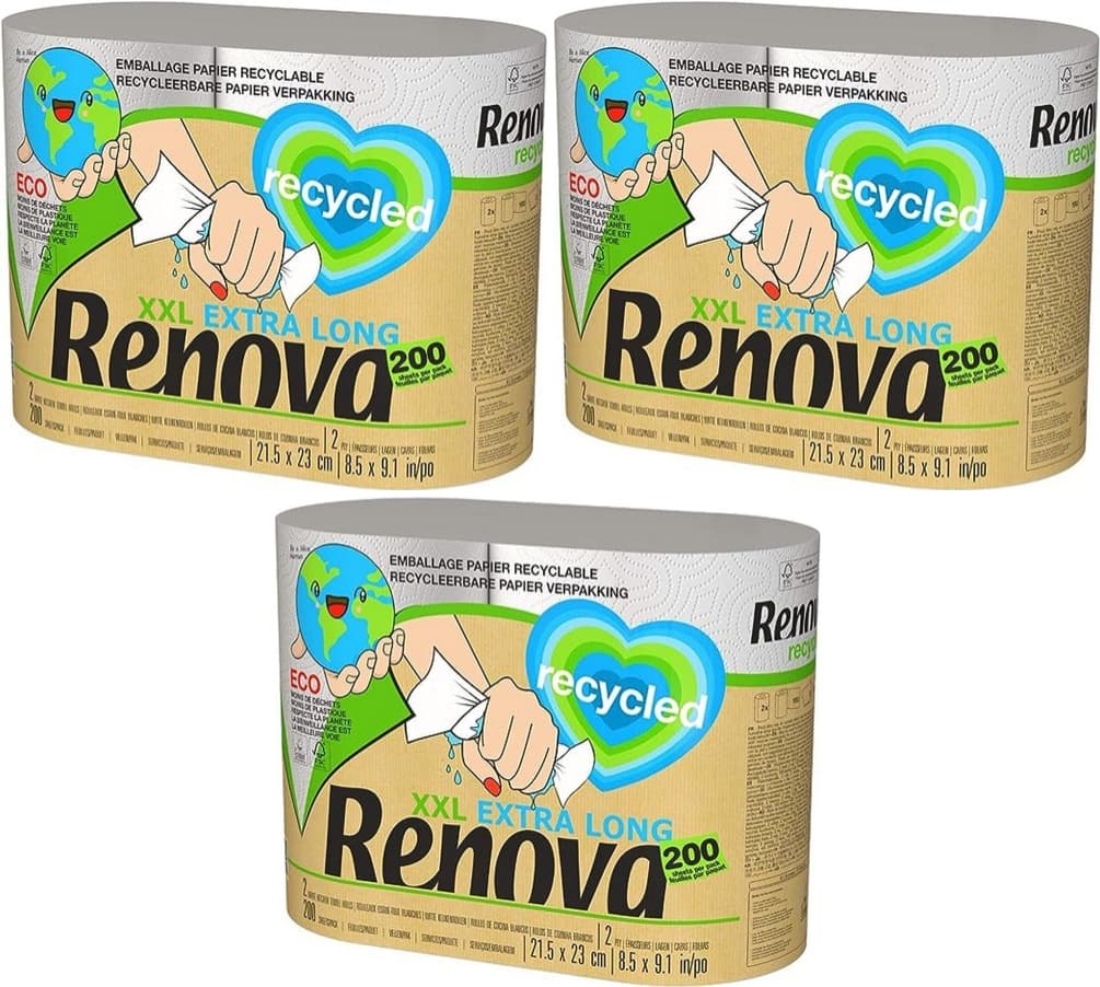 Renova Rolos de cozinha Renova Recycled | 2 rolos reciclados embrulhados em papel, equivalentes a 5 rolos padrão, sem plásticos, certificado FSC® e Ecolabel