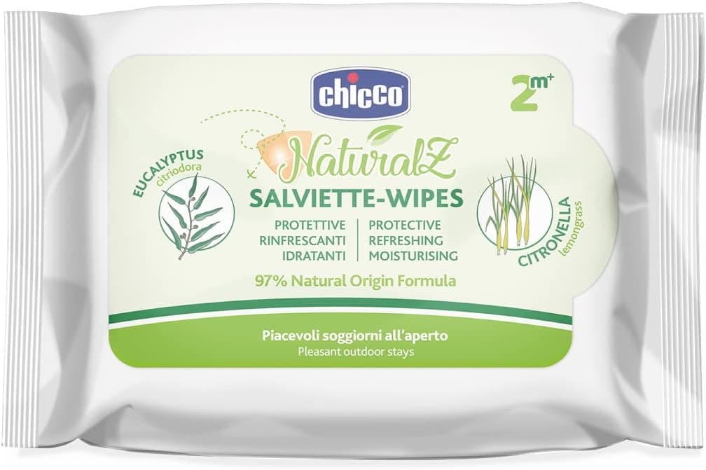 Chicco NaturalZ Toalhetes de proteção (20 unidades, proteção natural de verão, citronela e eucalipto proteção de dia e noite)