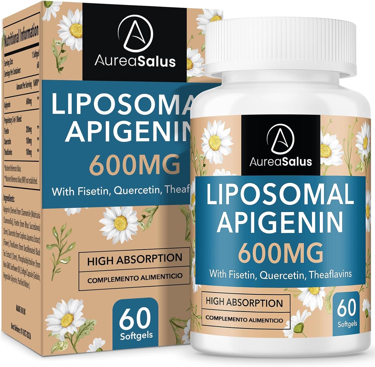 Apigenina 600 mg Suplemento de apigenina lipossomal extra forte com fiisetina, quercetina e teaflavinas para dormir, relaxamento e humor, potente Flavonóide (60 unidades (embalagem de 1))
