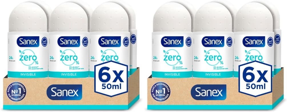 Sanex Zero% Invisible | Desodorizante roll-on 24h antitranspirante para pele sensível, 50 ml x 12