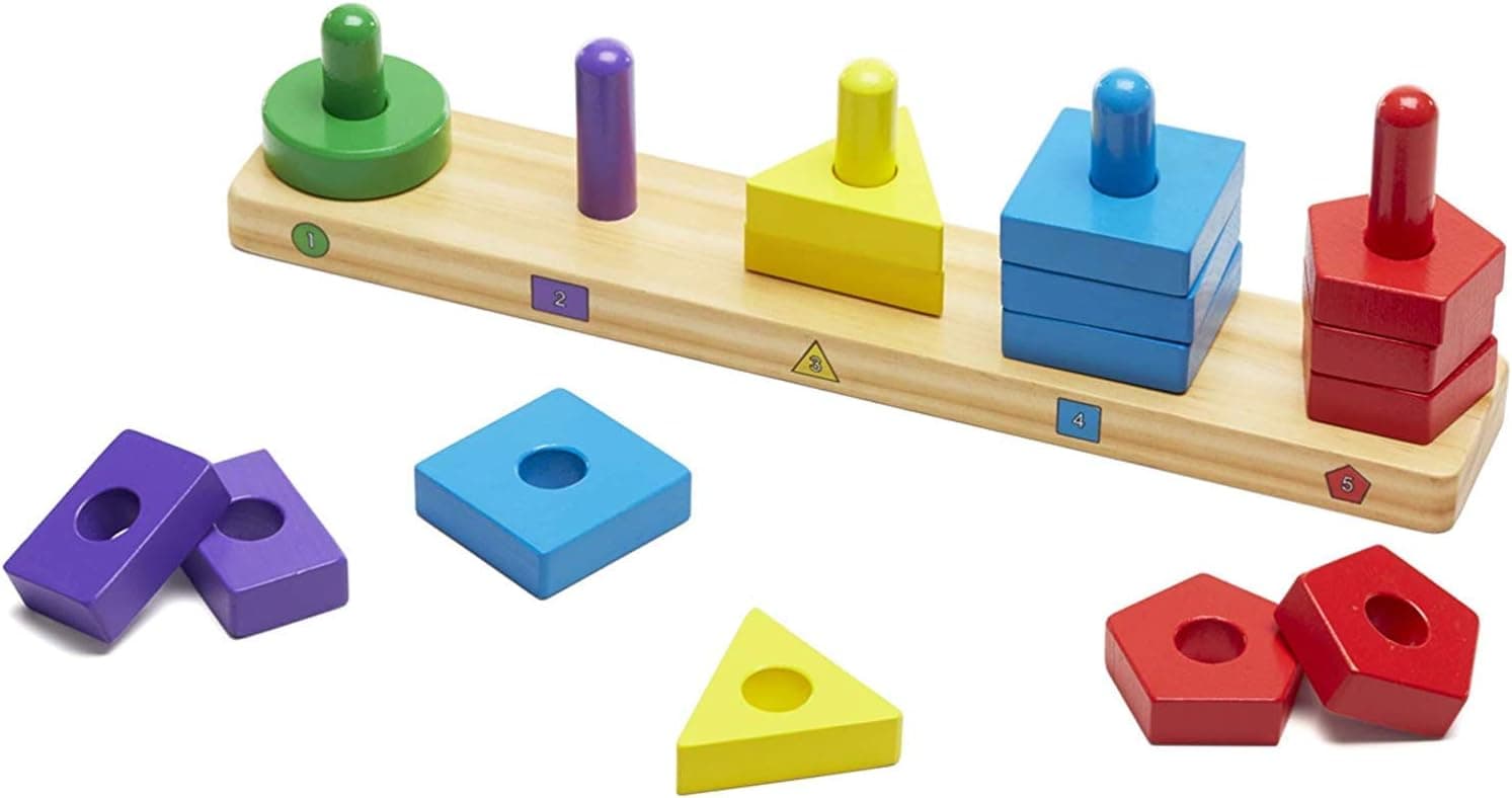 Melissa & Doug Placa para empilhar e classificar formas, brinquedos de desenvolvimento, jogo educativo, conjunto de madeira, montessori, 3, presente adequado para meninos e meninas