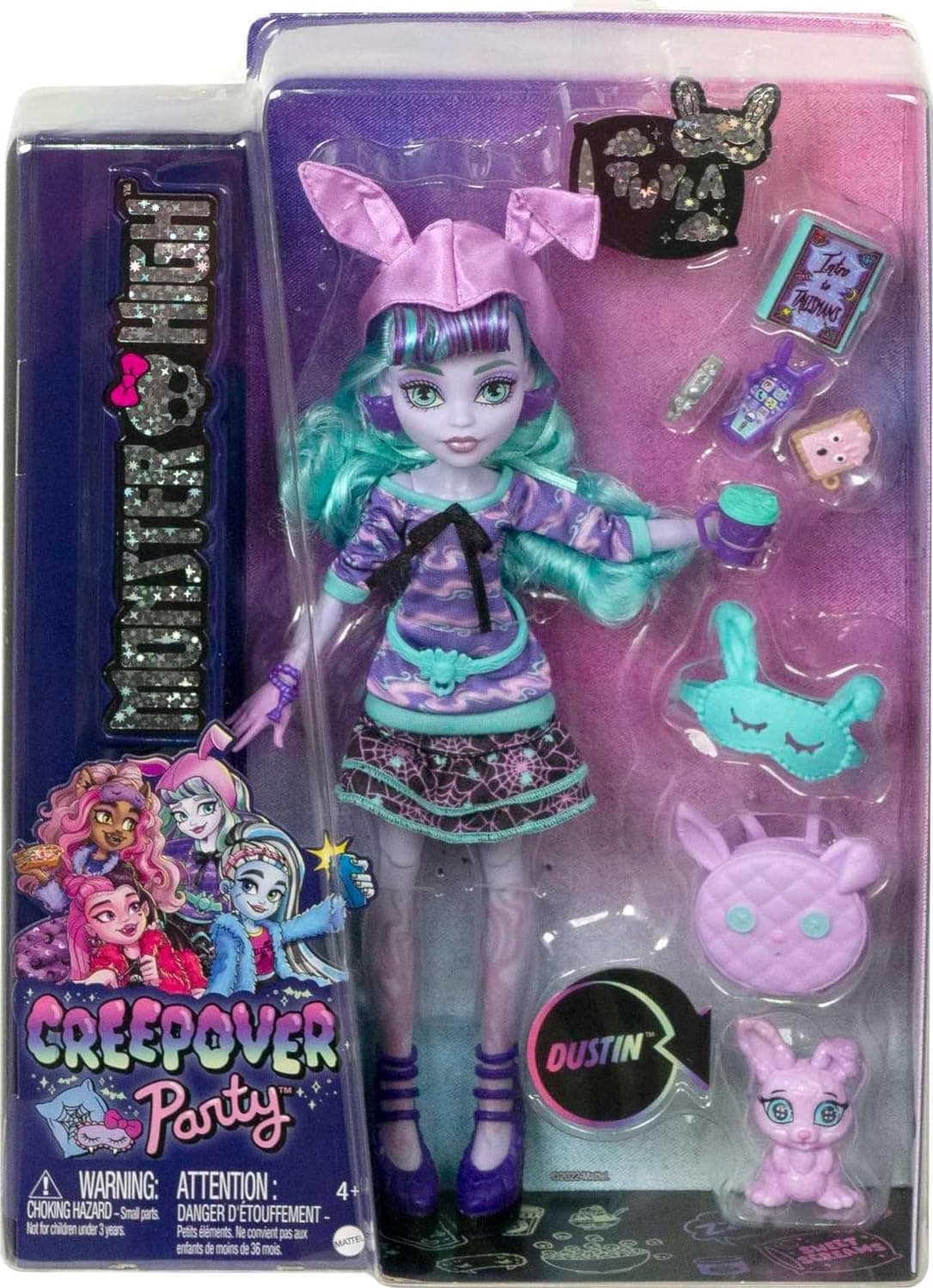 Monster High Festa de pijama Twyla boneca articulada com pijama, animal de estimação Dustin e acessórios, brinquedo + 4 anos (Mattel HLP87)