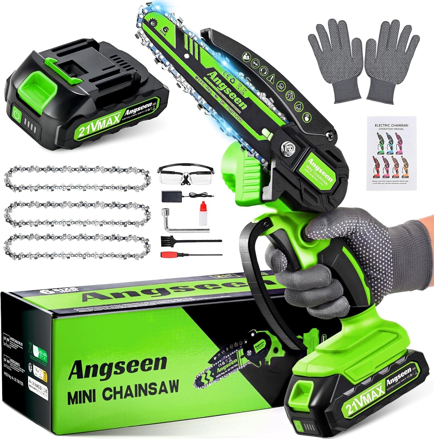 Angseen Mini Chainsaw 6 Polegadas | Serra elétrica sem fios para podar árvores e madeira com 3 correntes e bateria de alta capacidade