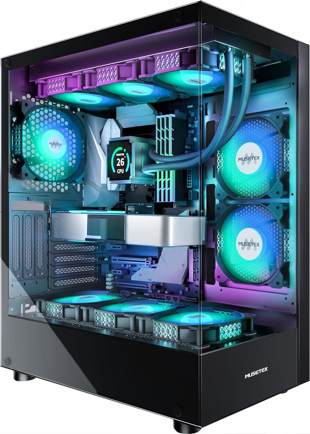 MUSETEX K2 | Caixa de PC ATX com 6 ventoinhas ARGB pré-instaladas, vidro temperado duplo e porta Type-C