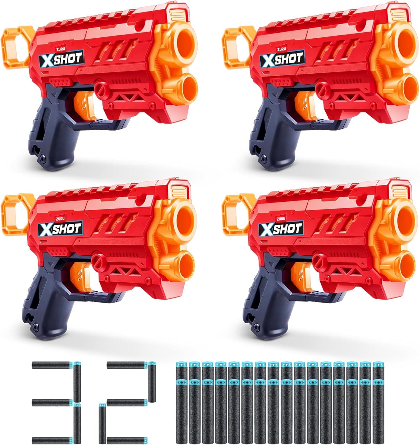 XSHOT ZURU Micro 2.0 Excel com 32 dardos, fácil de recarregar, dardos com tecnologia Air Pocket, lançadores de espuma de brinquedo para crianças, adolescentes e adultos, (4 Blasters com 32 dardos)
