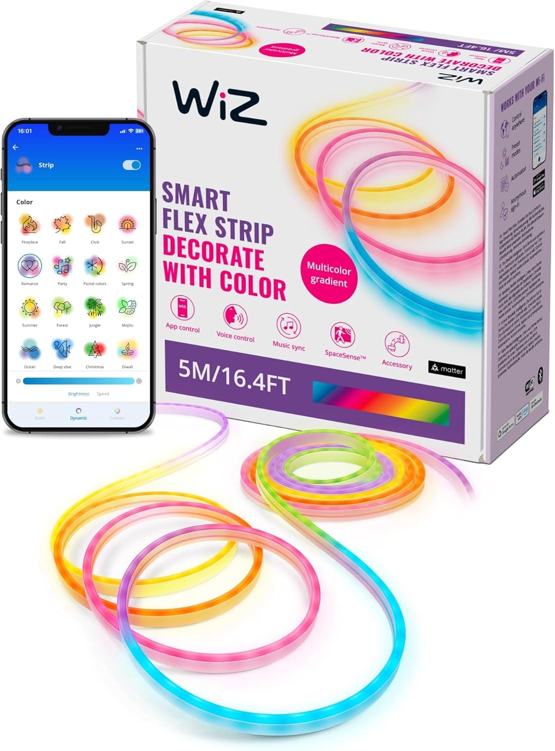 WiZ Tunable White and Color Neon Flex Lightstrip 5 m, faixa de LED com 16 milhões de cores ou luz regulável de branco quente a branco frio, controlo inteligente de luz via WLAN por voz/app