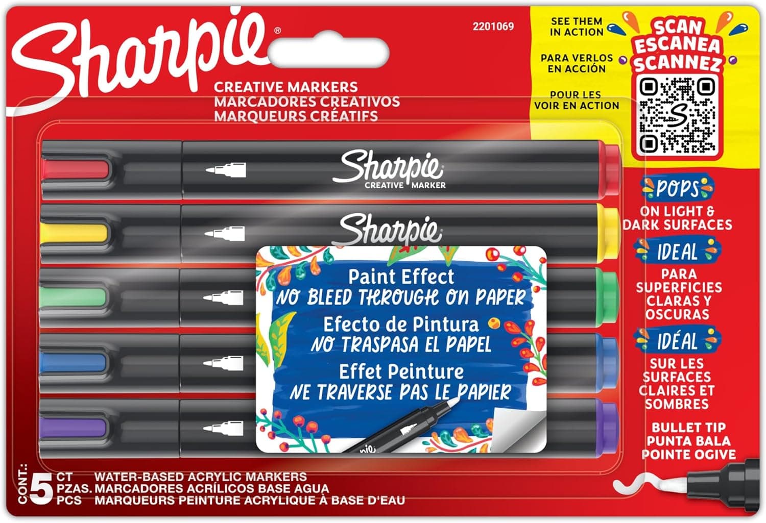 Marcadores acrílicos criativos da Sharpie | Marcadores de água com ponta de pincel | tinta sem borrões, escreva na maioria das superfícies, material escolar, cores sortidas, 5 unidades