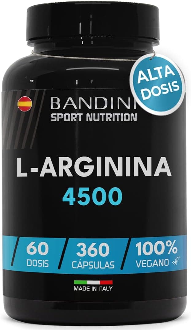 Bandini® L-Arginina 360 cápsulas, 4500 mg, altamente concentrada, cápsulas de L-Arginine HCL pura com pó, fabricada por fermentação vegetal, sem aditivos desnecessários, arginina vegana e pura