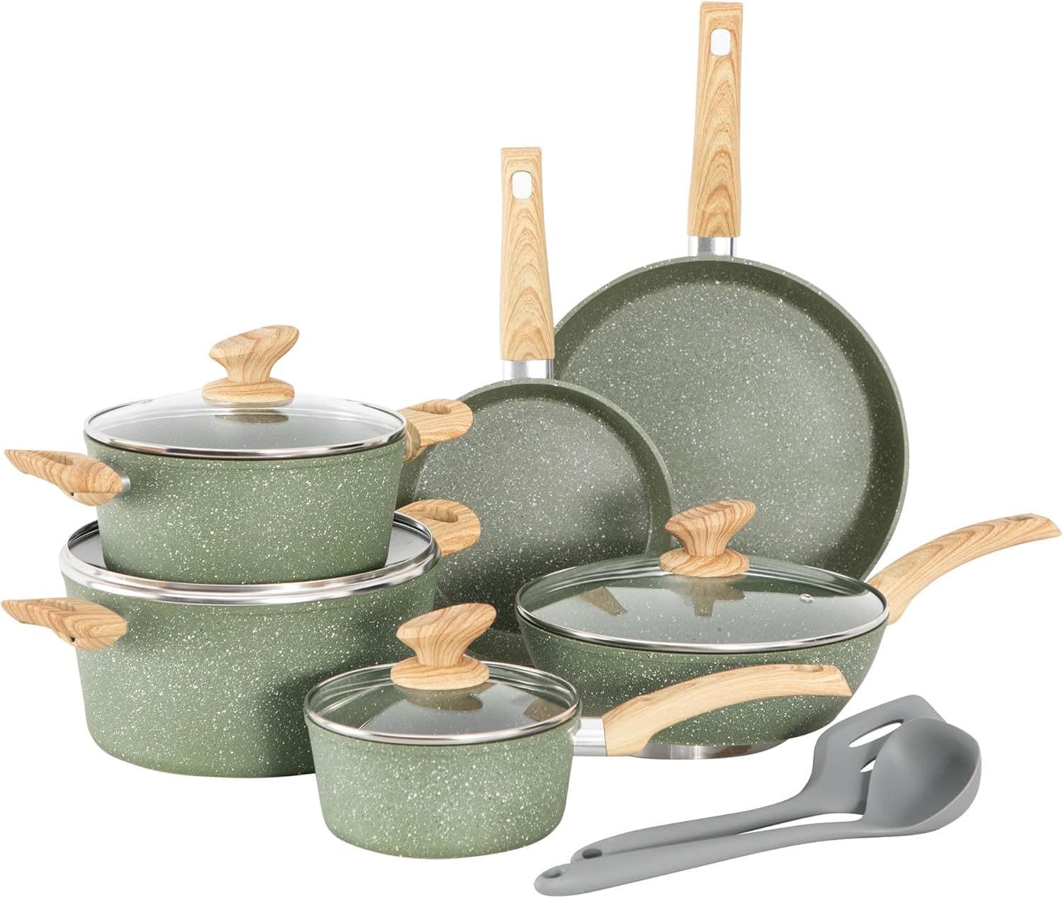 Kitchen Academy Conjunto de panelas e frigideiras com tampa, 12 peças, revestimento antiaderente, para indução, fogões a gás e micro-ondas, cor verde, KA-CS01-001
