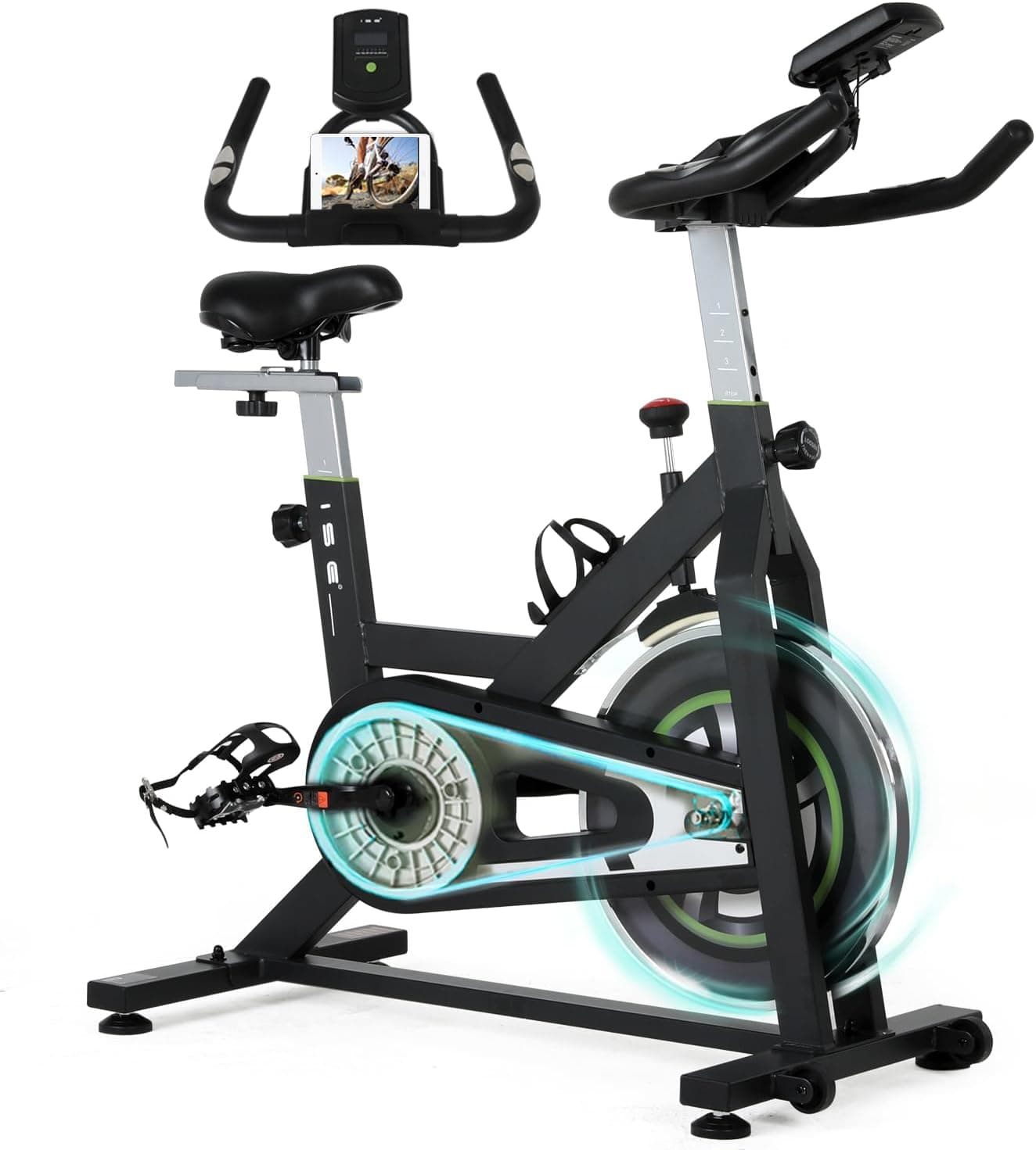 ISE Bicicleta estática ajustável, resistência, bicicleta estática com ecrã LCD, suporte para telemóvel, iPad e garrafa, bicicleta profissional, selim e pega ajustável, máximo 120 kg
