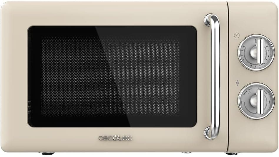 Cecotec Microondas mecânico de 20 l Proclean 3010 retro bege. 700 W em 6 níveis, temporizador até 30 minutos, modo de descongelação, design vintage em bege, acabamento em aço