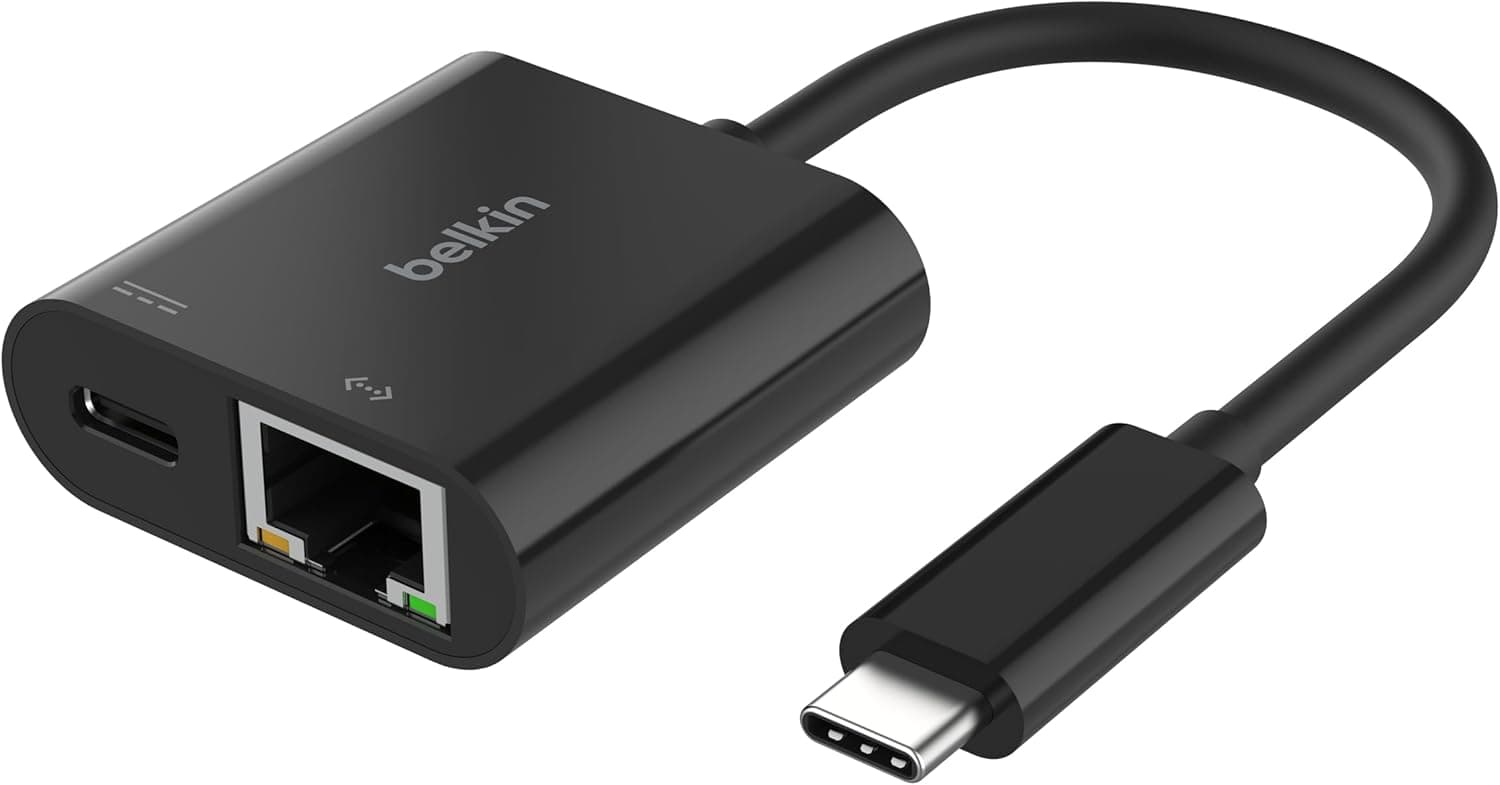 Belkin Connect adaptador USB-C para Ethernet carregamento de 100 W, 1 porta Gigabit Ethernet e 1 porta USB-C, conexão rápida de internet de [10/100/1000] Mbps, para iPhone 16, 15, Samsung Galaxy S24 e
