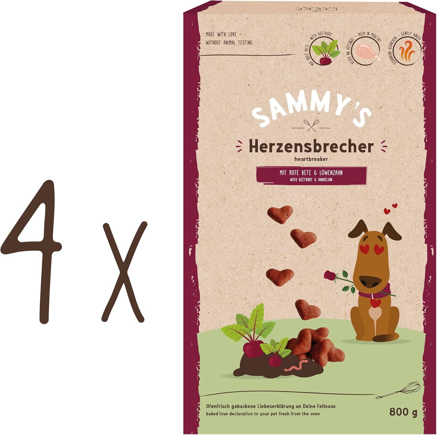 Sammy's Quebra-corações | Snacks finamente assados para cães, com beterraba e dentes-de-leão, 4 x 800 g