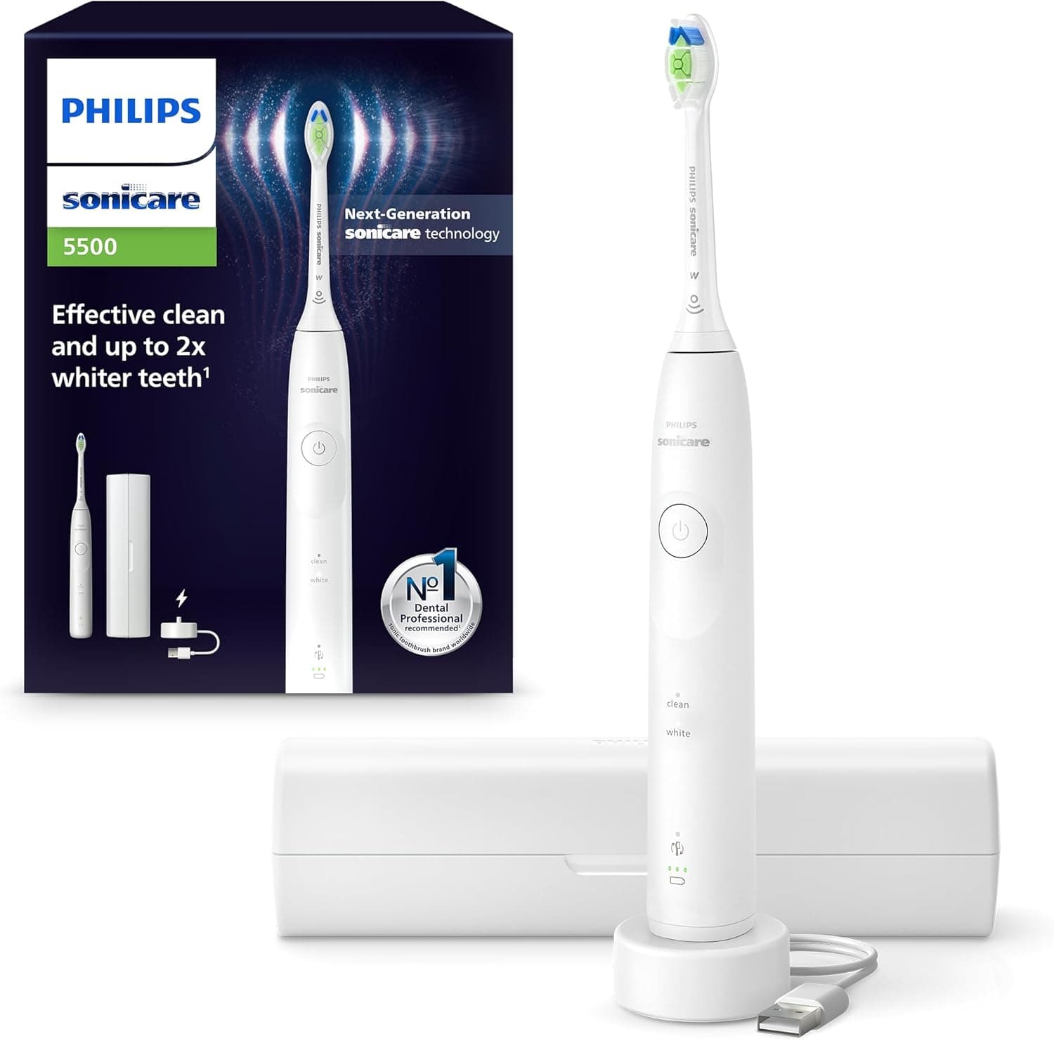 Philips Sonicare 5500 Escova de dentes elétrica, escova de dentes sónica com 2 modos, alerta de pressão, EasyStart, SmarTimer e BrushPacer, branco, modelo HX7110/02