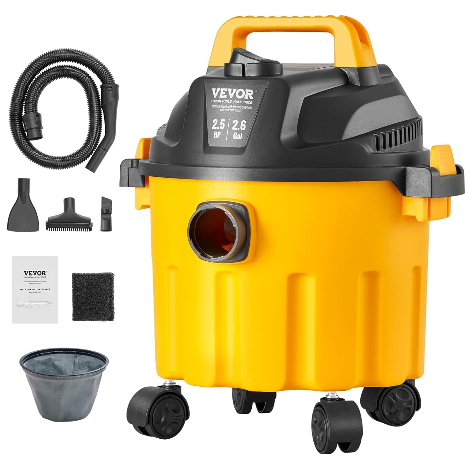 VEVOR Aspirador em seco e húmido 10 l aspirador portátil leve para oficina em seco e húmido 2,5 HP soprado eficientemente com , rodas, para tapetes, detritos, pelo de animais de estimação, amarelo