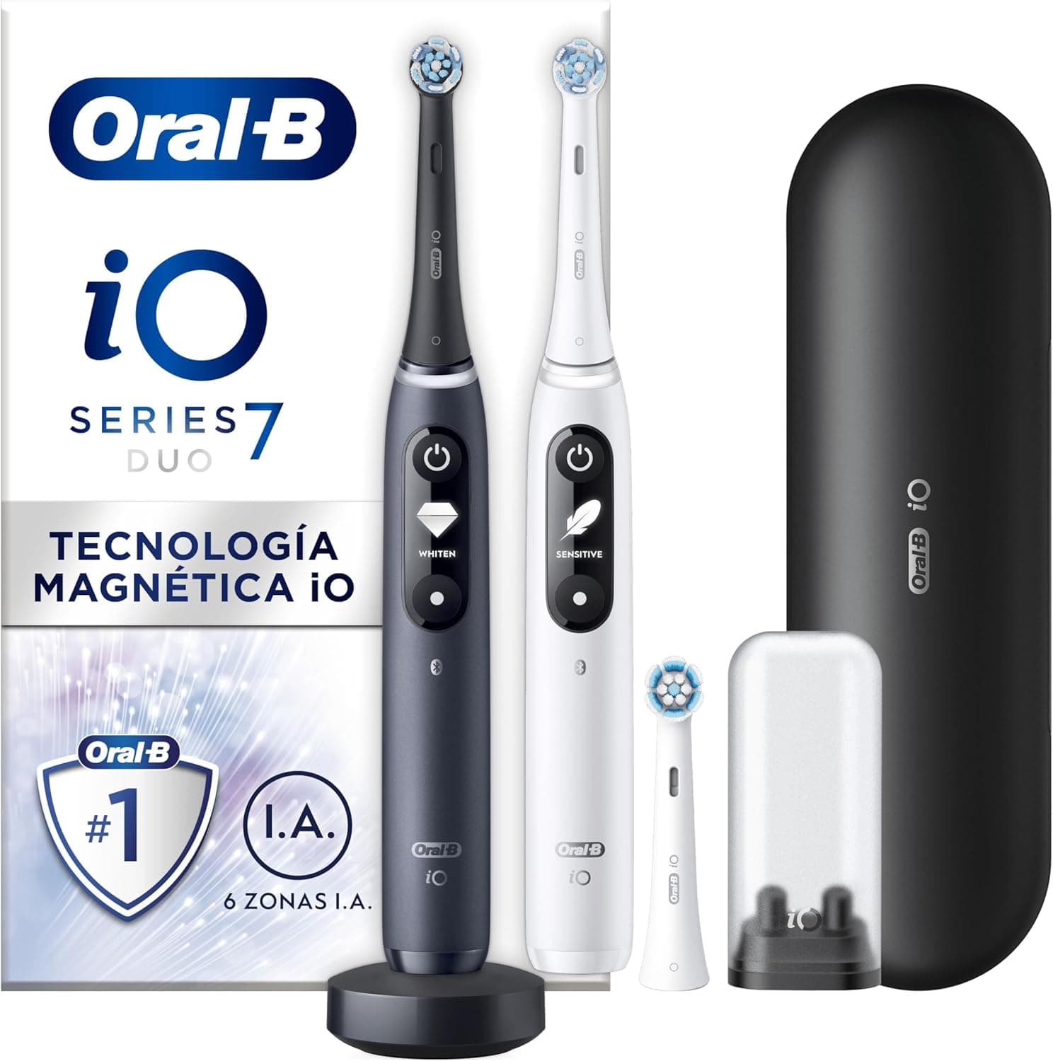 Oral-B iO 7 Pack duplo, escovas de dentes elétricas, conjunto de 2 escovas com Bluetooth e tecnologia magnética, 3 cabeças e 1 capa de viagem, presentes originais - branco e preto