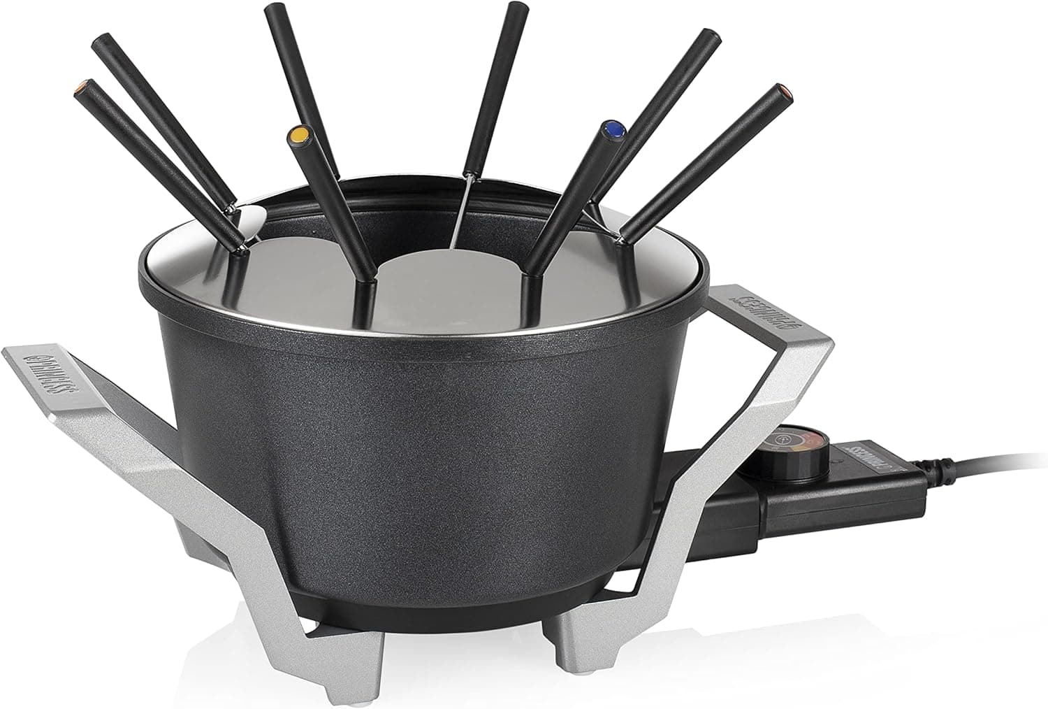 Princess 173100 Fondue Premium adequado para 8 pessoas, para fondue de queijo, chocolate, caldo ou óleo, panela de alumínio fundido, capacidade de 1,5 l, 800 W, preto e aço inoxidável