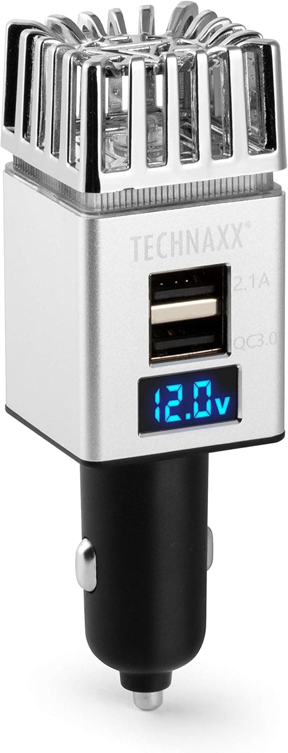 Technaxx Car Air Purifier 12/24 V, 2 x USB - Quick Charger 3.0, Ion Balance, elimina a fumaça dos cigarros, do cheiro dos animais de estimação e do odor da comida - ambiente portátil TX-130