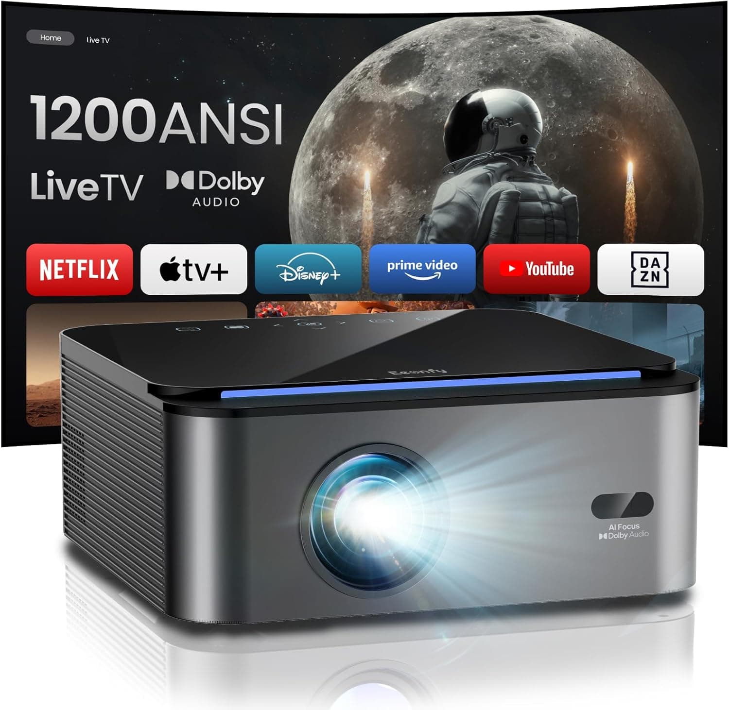 Eeenfy Ares A2 | Projetor inteligente 4K com 1200 ANSI, colunas Hi-Fi 20 W, Dolby, Wi-Fi, Bluetooth e Netflix, ideal para cinema em casa