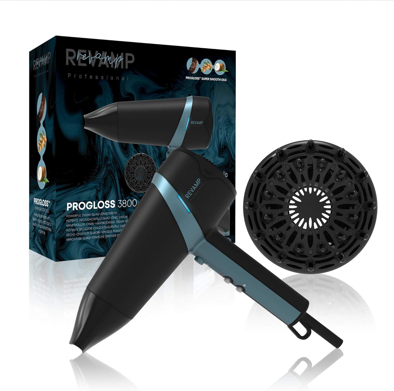  Revamp Progloss Quad Ionic 3800 Secador de cabelo iónico profissional com concentrador e difusor com óleos super macios para um cabelo brilhante, cabo de 3 metros, leve e portátil