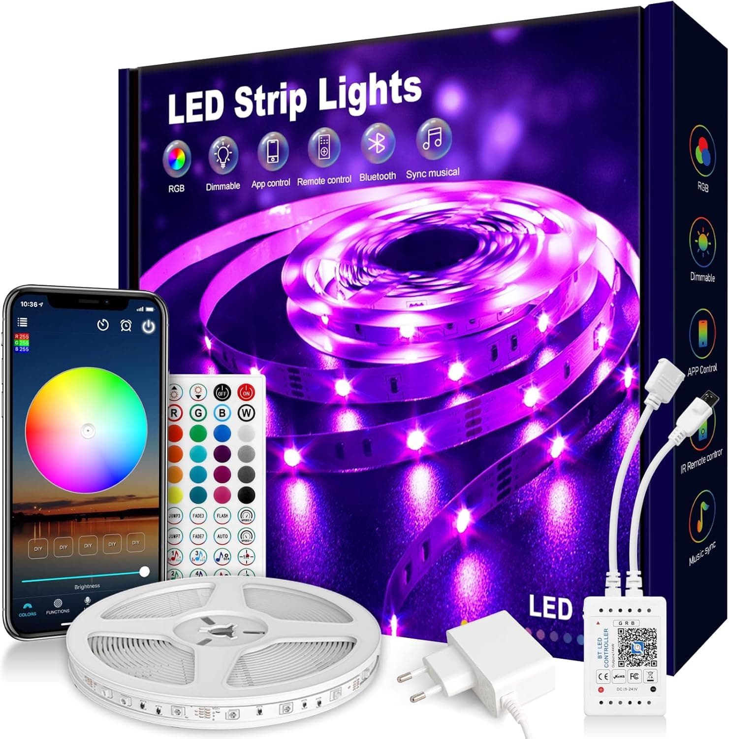 VKH Tiras LED de 5 metros (30 LEDs/m), luzes LED quarto RGB Bluetooth com controlo remoto e aplicativo, muda de cor com música, para decoração de casa, festas e Natal