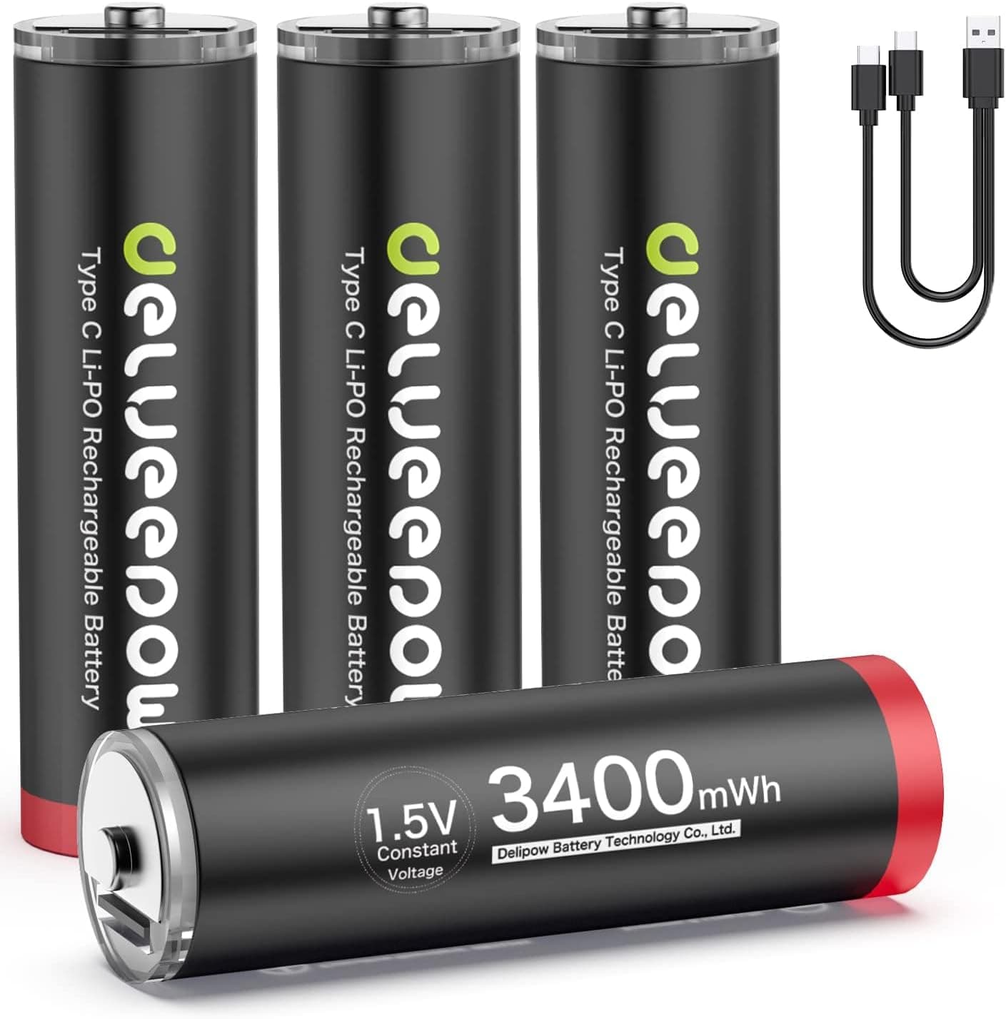 Pilhas recarregáveis AA Delyeepow 3400 mWh cabo de carregamento USB tipo C, bateria AA de iões de lítio de 1,5 V mais de 1500 ciclos, embalagem de 4