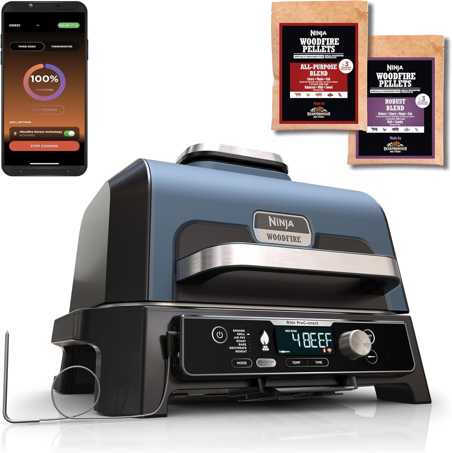 Ninja Woodfire Pro Connect XL Grelha elétrica de exterior, 7 em 1, controlo por aplicação, sensor digital, fritadeira a ar, pellets Woodfire, resistente às intempéries, preto, OG901EU