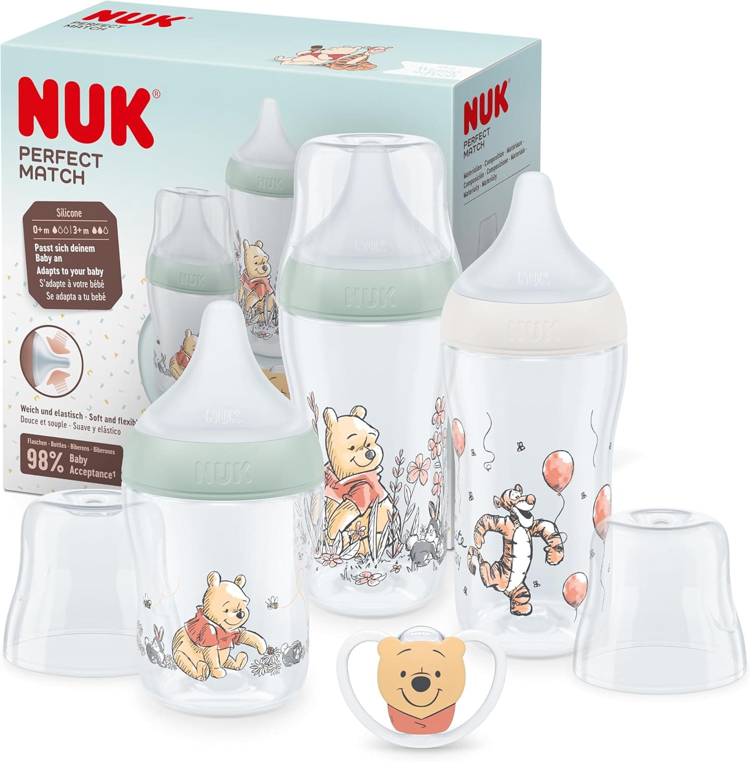 Conjunto de biberões Perfect Match da NUK 0-6 meses | adapta-se ao paladar do bebé, 3 biberões anticólicas e chupeta Space | sem BPA, Winnie the Pooh da Disney | 4 unidades