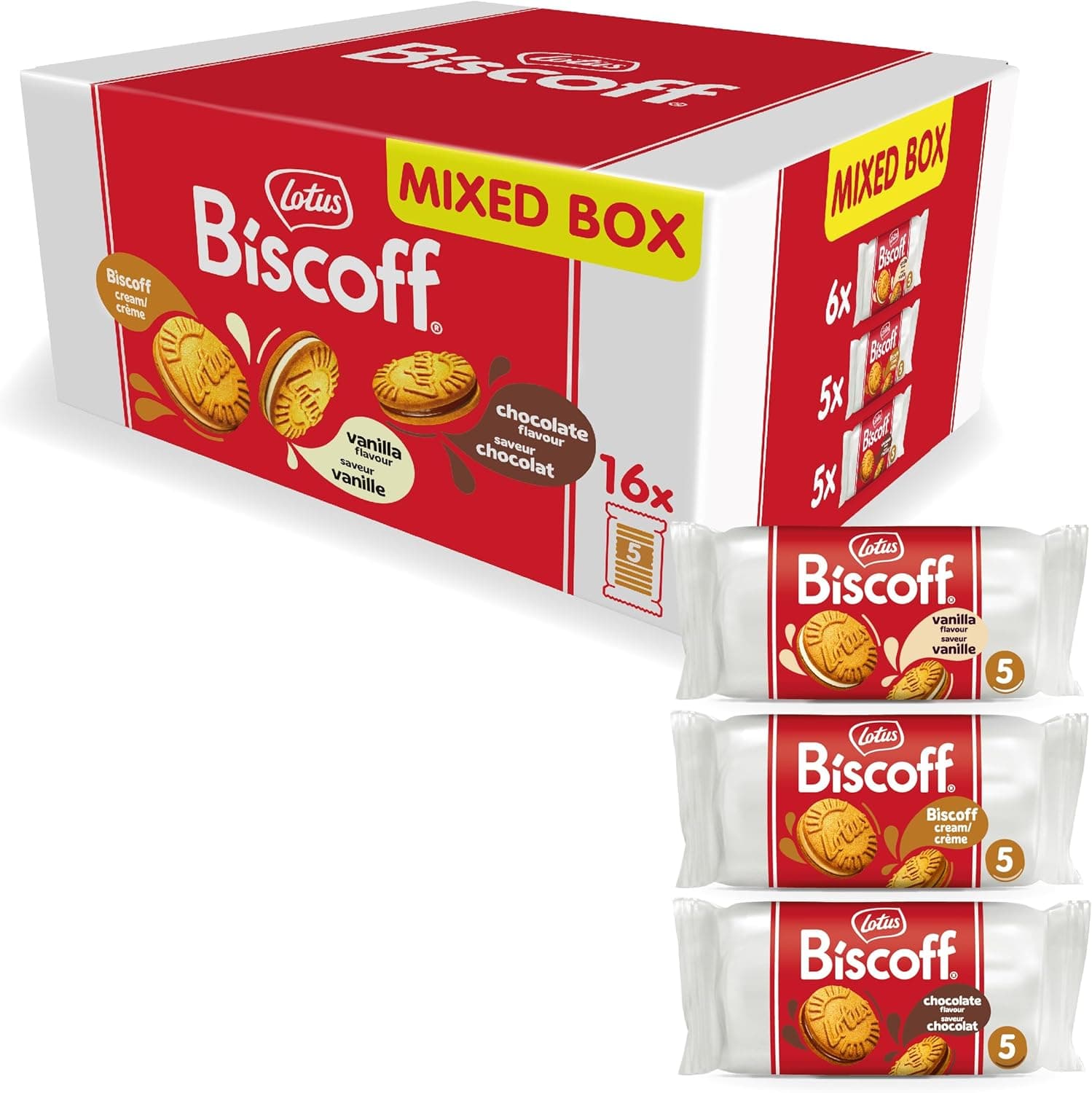Lotus Biscoff Pacote variado de bolachas sanduíche | 3 sabores: Creme de baunilha, creme Lotus Biscoff e creme de chocolate, 5 bolachas sanduíche por embalagem | sem corantes | 16 x 50 g | 800 g