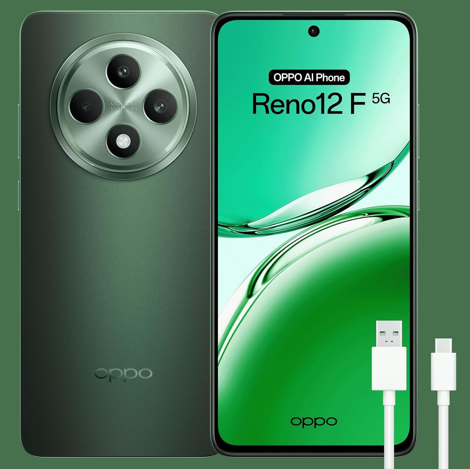 OPPO Reno12F 5G Smartphone livre com IA, 16 GB (8 GB + 8 GB) 256 GB, ecrã 2,5D AMOLED 6,7", câmara 50 8 + 32 MP, Android, IP64, bateria 5000 mAh, carregamento rápido 45 W - Black Galaxy Green