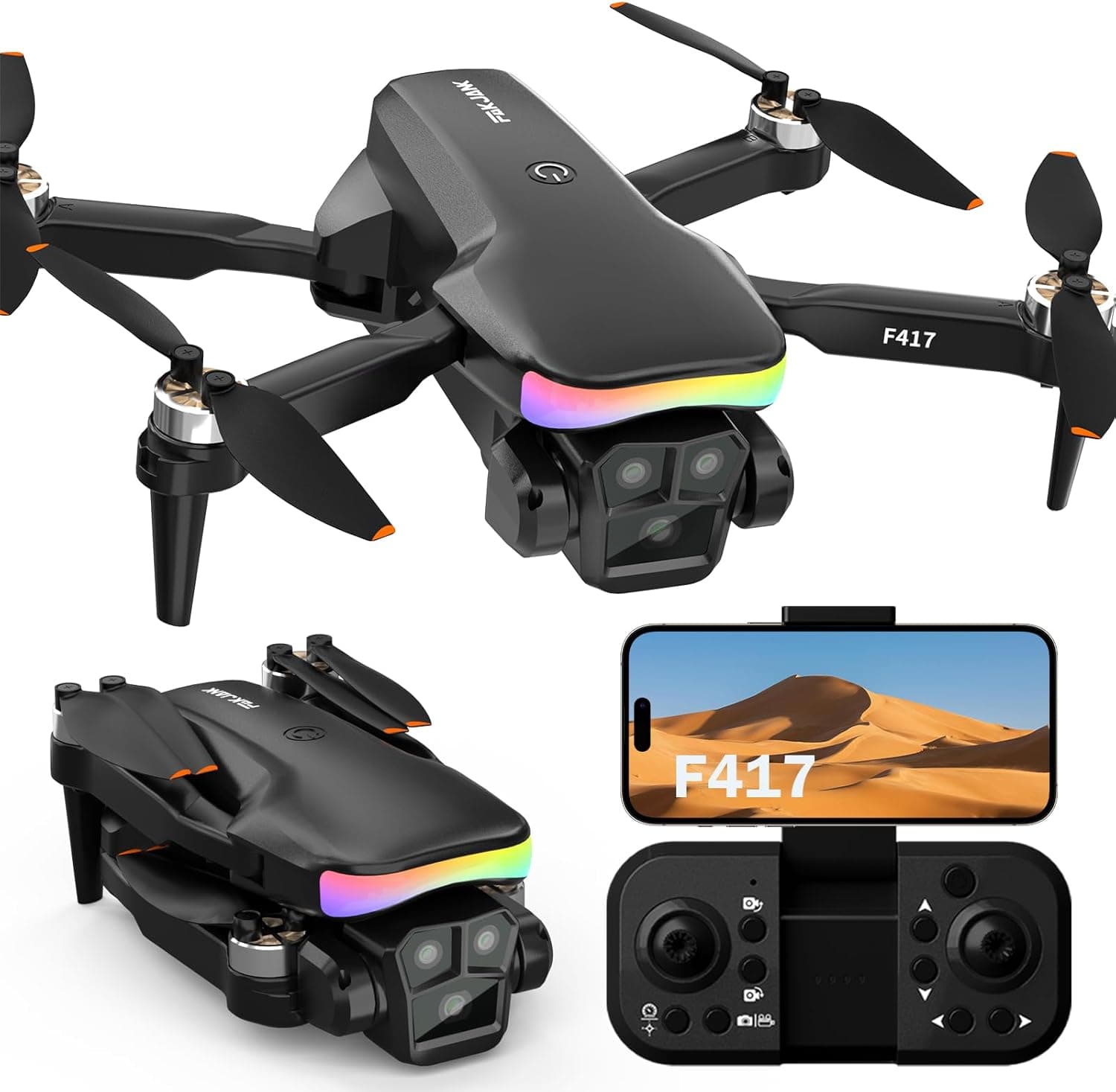 FAKJANK C0 F417-E | Drone dobrável com câmara HD 1080P Wi-Fi 5G e luz LED para crianças e adultos