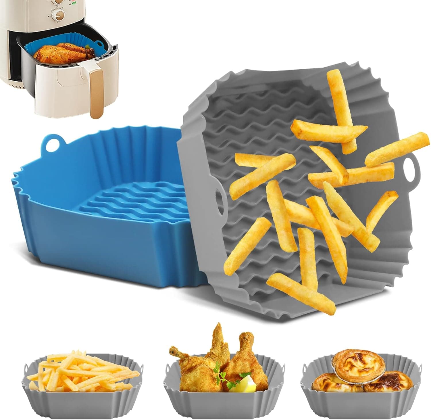 Molde de silicone fritadeira de ar, 2 PACK quadrado acessórios sem óleo, panela reutilizável e anti-aderente para Cosori/Cecotec 5,5 L (21 cm)