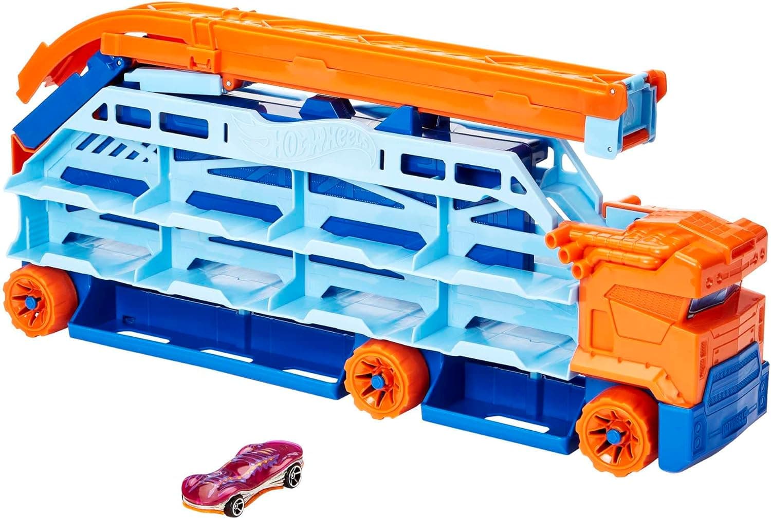 Hot Wheels City Camião-pista transporta carros, pista para carros de brinquedo com lançamento aéreo, inclui 1 veículo (Mattel HDY92)
